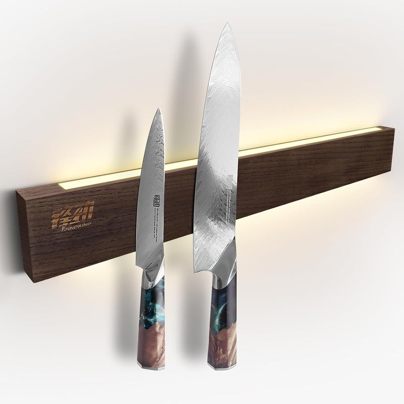 FINDKING 18 Inches Lighted Magnetic Knife Strip, Backlit LED Utensil Holder for Wall and Refrigerator, Magnet Knife Rack for Home Kitchen, No Drill (Ash Wood, Dark Brown) - Image 1